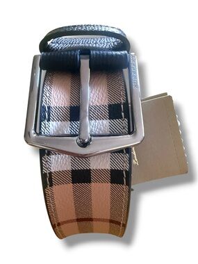 Burberry Women’s Classic Check Leather Belt with Silver Buckle - Size 40” Large